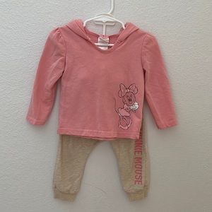 Minnie Mouse 24 month 2 piece pink/tan long sleeve shirt with hood/pants